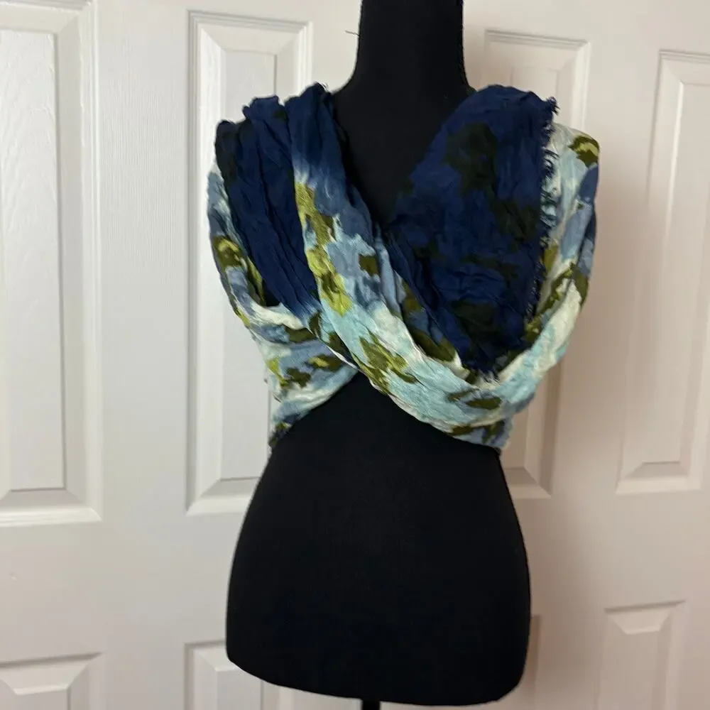 J. Jill Bouquet Viscose Scarf Blue & Green Watercolor Floral Pattern Navy Fringe
